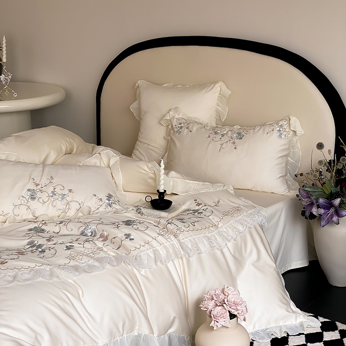 91家纺网 家纺一手货源 找家纺 品家居 2025新款全棉100支长绒棉刺绣四件套-梦里花开 浅香槟