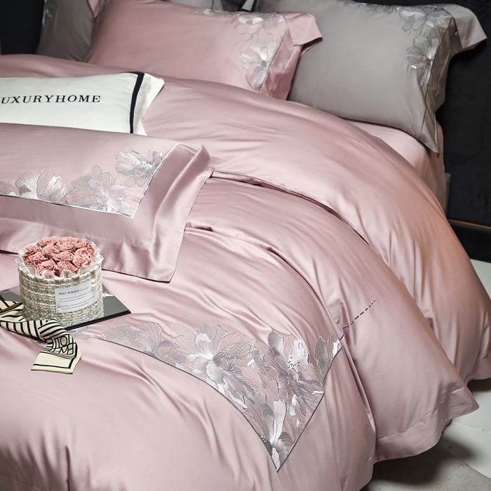 91家纺网 家纺一手货源 找家纺 榻尚家居 2024新款纯色绣花天丝棉四件套 丽芙 豆沙