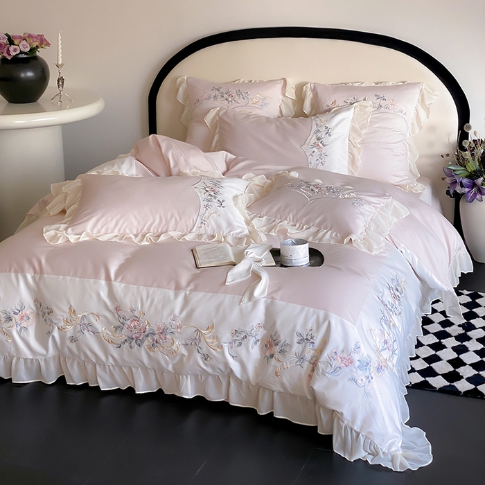 91家纺网 家纺一手货源 找家纺 品家居 2025新款全棉100支长绒棉刺绣四件套-夏洛特 粉