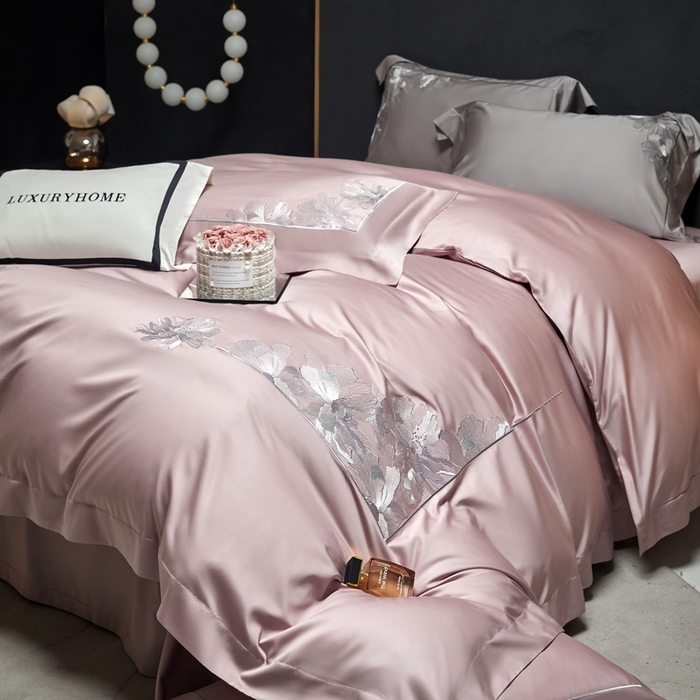 91家纺网 家纺一手货源 找家纺 榻尚家居 2024新款纯色绣花天丝棉四件套 丽芙 豆沙