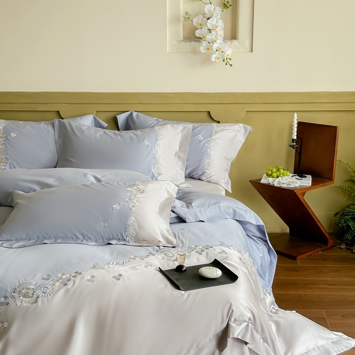 91家纺网 家纺一手货源 找家纺 （总）云胡 2024新款50支长绒棉宽边工艺刺绣四件套-兰茵（新拍图）