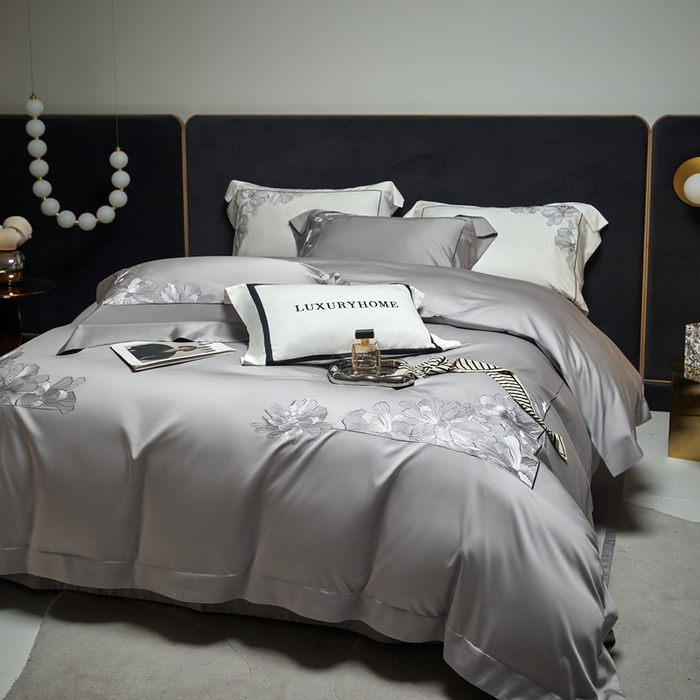 91家纺网 家纺一手货源 找家纺 榻尚家居 2024新款纯色绣花天丝棉四件套 丽芙 灰