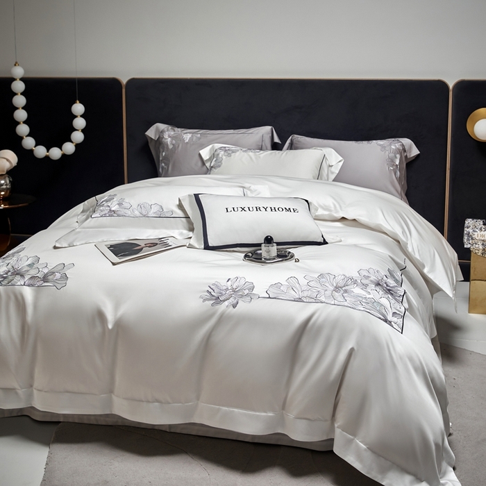 91家纺网 家纺一手货源 找家纺 榻尚家居 2024新款纯色绣花天丝棉四件套 丽芙 白