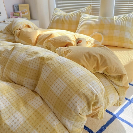 91家纺网 家纺一手货源 找家纺 田野 2024新款全棉色织提花水洗棉四件套-繁星 繁星-黄