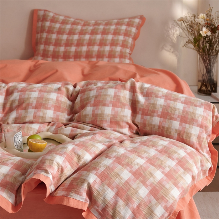 91家纺网 家纺一手货源 找家纺 榻尚家居  2024新款经典田园格子色织水洗棉系列 轻居 橘