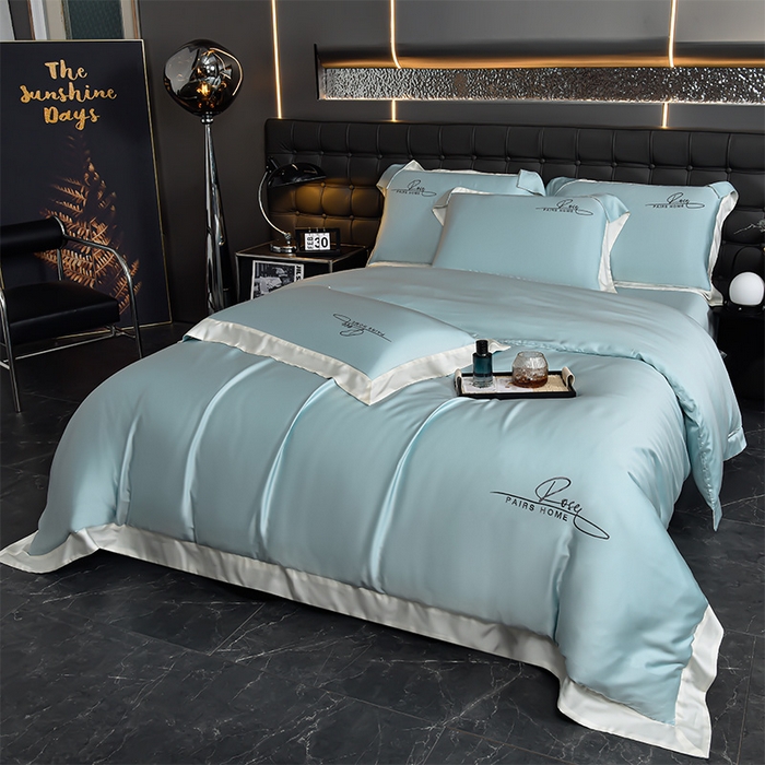 91家纺网 家纺一手货源 找家纺 瑞驰家纺2024新款60兰精天丝四件套-罗莎琳系列（风格二） 天水蓝