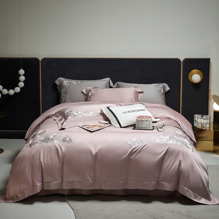 榻尚家居 2024新款纯色绣花天丝棉四件套 丽芙 豆沙