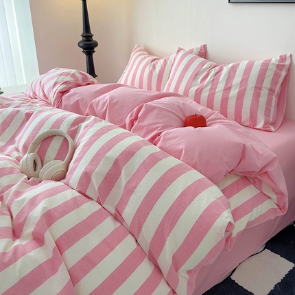 91家纺网 家纺一手货源 找家纺 田野 2024新款全棉色织宽条水洗棉四件套 水洗棉宽条-粉黄