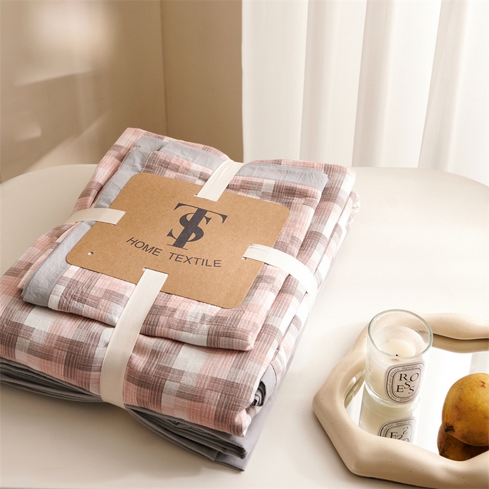 91家纺网 家纺一手货源 找家纺 榻尚家居  2024新款经典田园格子色织水洗棉系列 轻居 粉