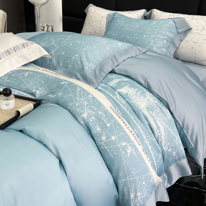 91家纺网 家纺一手货源 找家纺 若未家居2025新款50支兰精天丝轻奢风数码印花套件 狮子座 狮子座 浅蓝