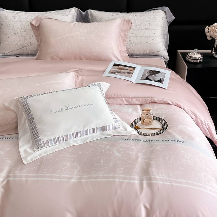 91家纺网 家纺一手货源 找家纺 若未家居2025新款50支兰精天丝轻奢风数码印花套件 狮子座  狮子座 浅粉