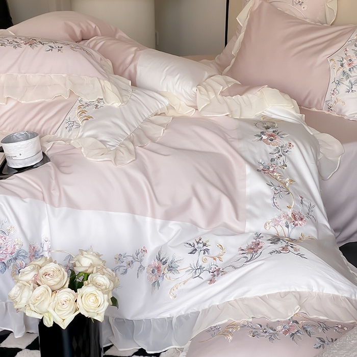 91家纺网 家纺一手货源 找家纺 品家居 2025新款全棉100支长绒棉刺绣四件套-夏洛特 粉