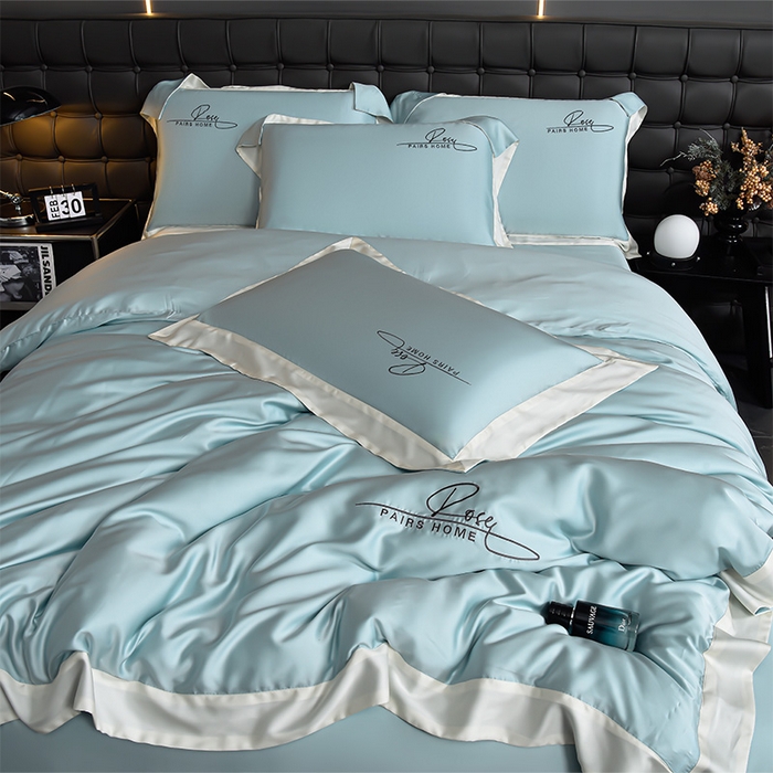 91家纺网 家纺一手货源 找家纺 瑞驰家纺2024新款60兰精天丝四件套-罗莎琳系列（风格二） 天水蓝