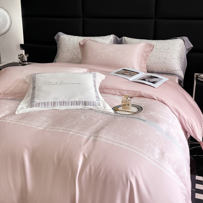 91家纺网 家纺一手货源 找家纺 若未家居2025新款50支兰精天丝轻奢风数码印花套件 狮子座  狮子座 浅粉