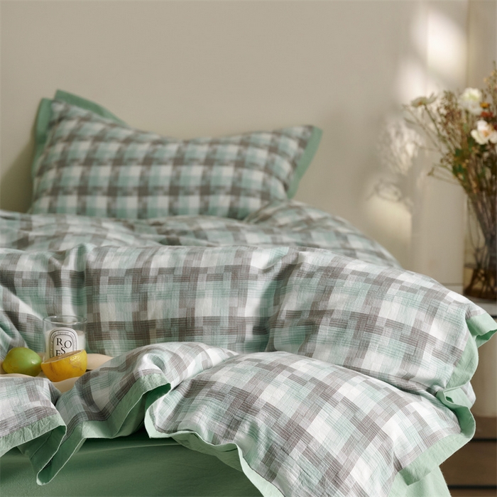 91家纺网 家纺一手货源 找家纺 榻尚家居  2024新款经典田园格子色织水洗棉系列 轻居 绿