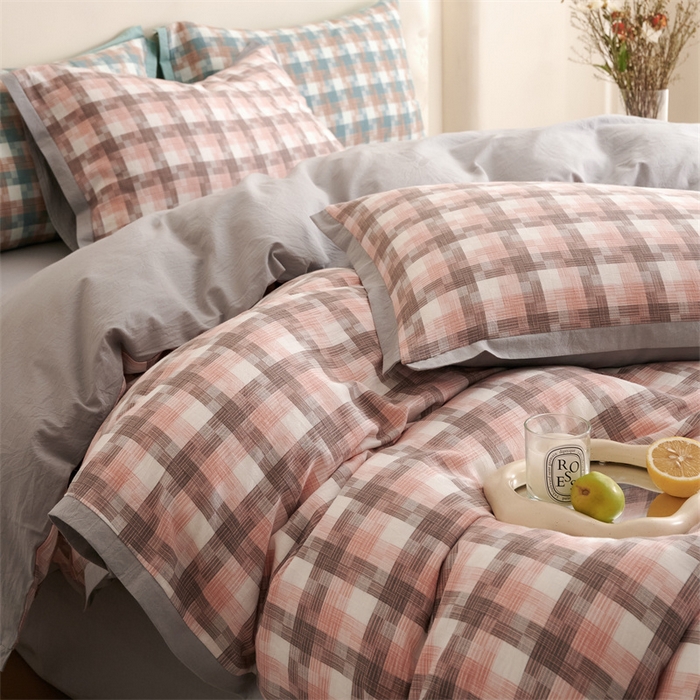 91家纺网 家纺一手货源 找家纺 榻尚家居  2024新款经典田园格子色织水洗棉系列 轻居 粉