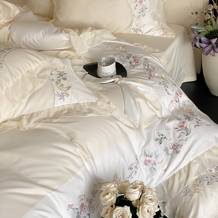 91家纺网 家纺一手货源 找家纺 品家居 2025新款全棉100支长绒棉刺绣四件套-夏洛特 浅香槟