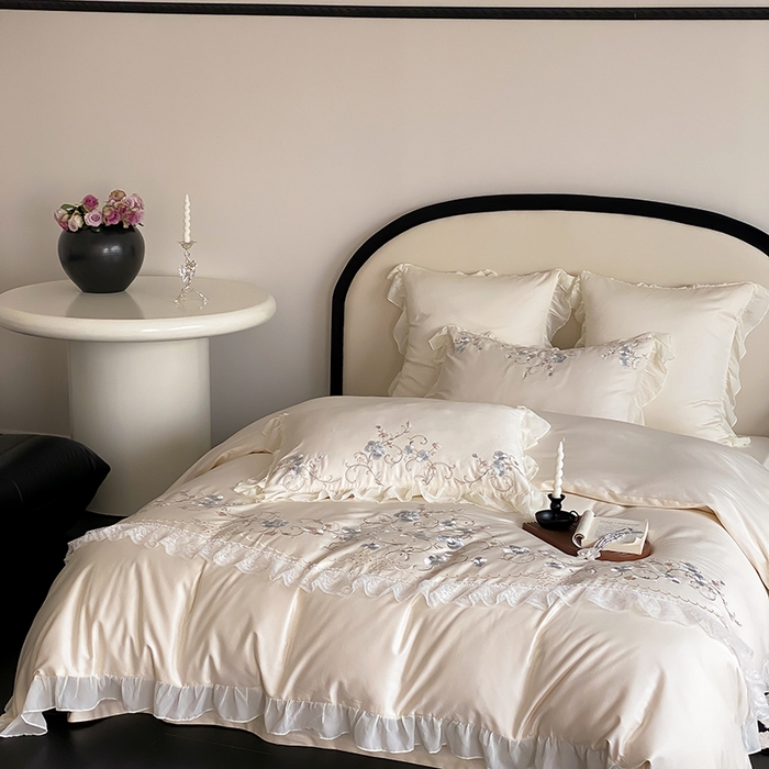 91家纺网 家纺一手货源 找家纺 品家居 2025新款全棉100支长绒棉刺绣四件套-梦里花开 浅香槟