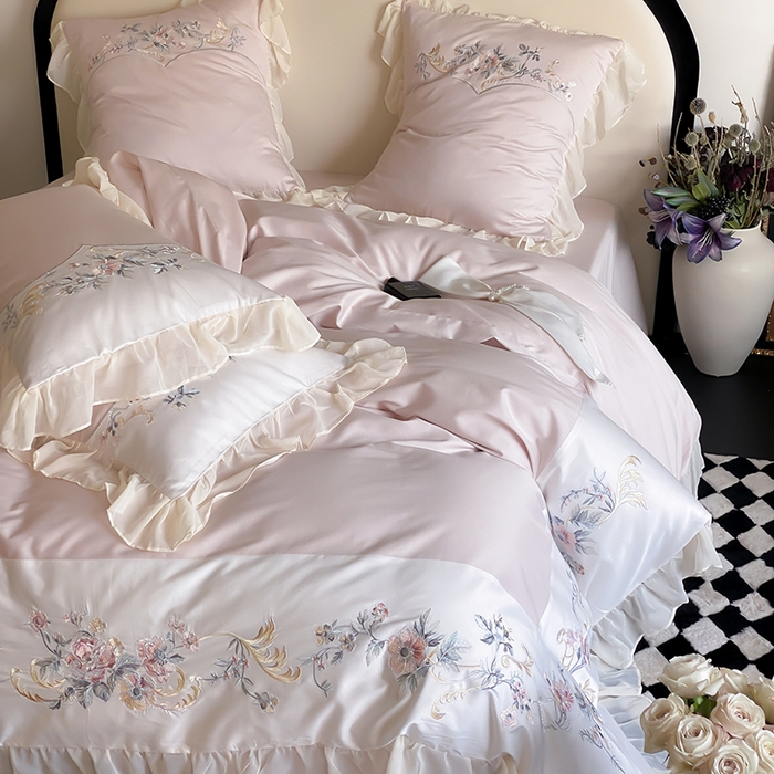 91家纺网 家纺一手货源 找家纺 品家居 2025新款全棉100支长绒棉刺绣四件套-夏洛特 粉