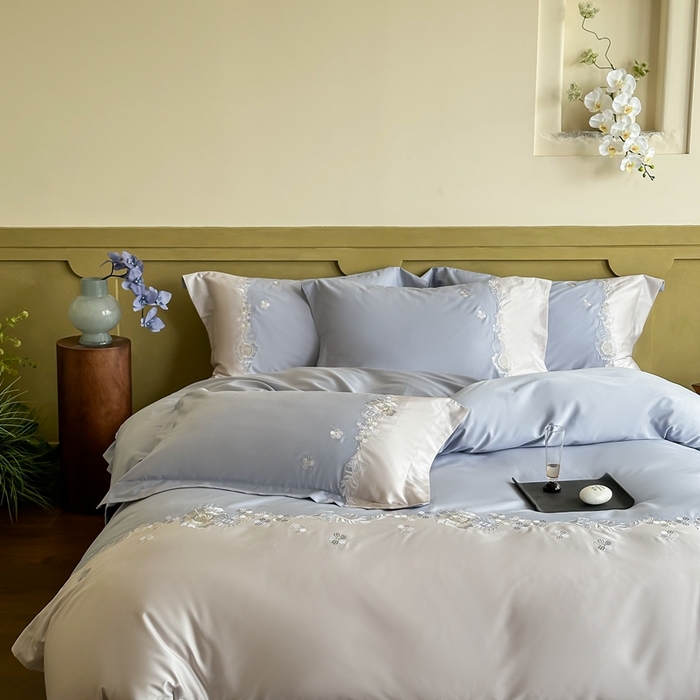 91家纺网 家纺一手货源 找家纺 （总）云胡 2024新款50支长绒棉宽边工艺刺绣四件套-兰茵（新拍图）