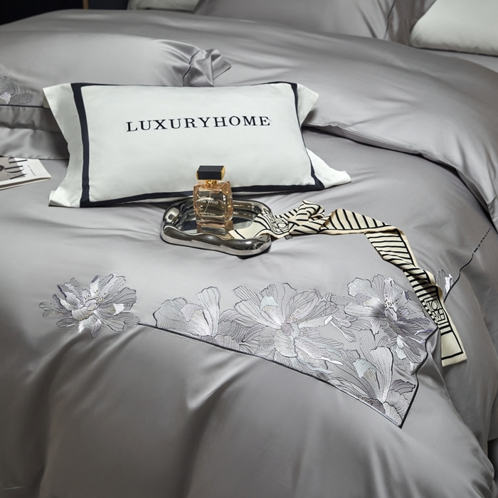 91家纺网 家纺一手货源 找家纺 榻尚家居 2024新款纯色绣花天丝棉四件套 丽芙 灰