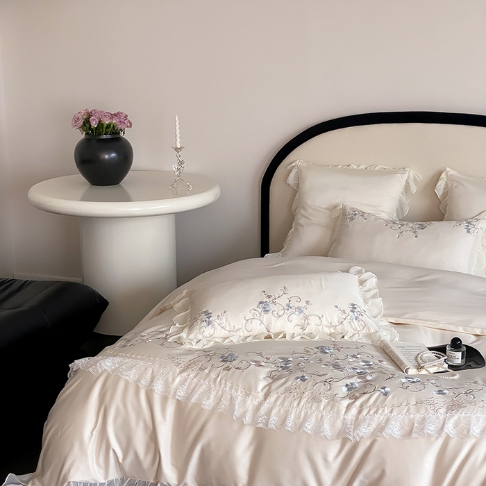 91家纺网 家纺一手货源 找家纺 品家居 2025新款全棉100支长绒棉刺绣四件套-梦里花开 浅香槟