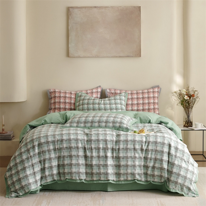 91家纺网 家纺一手货源 找家纺 榻尚家居  2024新款经典田园格子色织水洗棉系列 轻居 绿