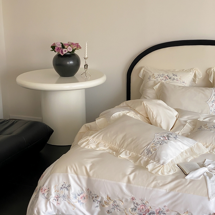 91家纺网 家纺一手货源 找家纺 品家居 2025新款全棉100支长绒棉刺绣四件套-夏洛特 浅香槟