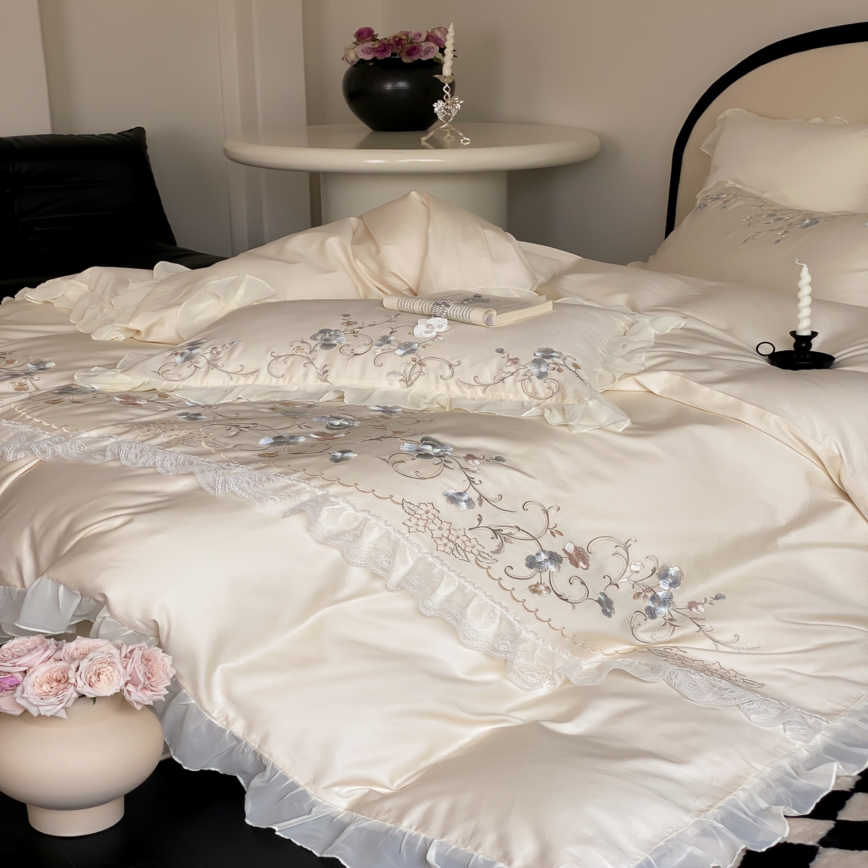 91家纺网 家纺一手货源 找家纺 品家居 2025新款全棉100支长绒棉刺绣四件套-梦里花开 浅香槟