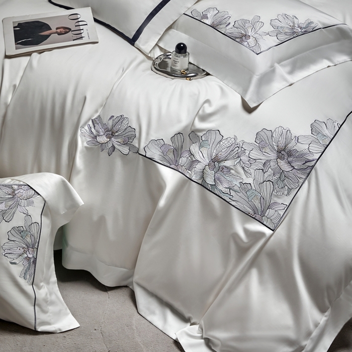 91家纺网 家纺一手货源 找家纺 榻尚家居 2024新款纯色绣花天丝棉四件套 丽芙 白