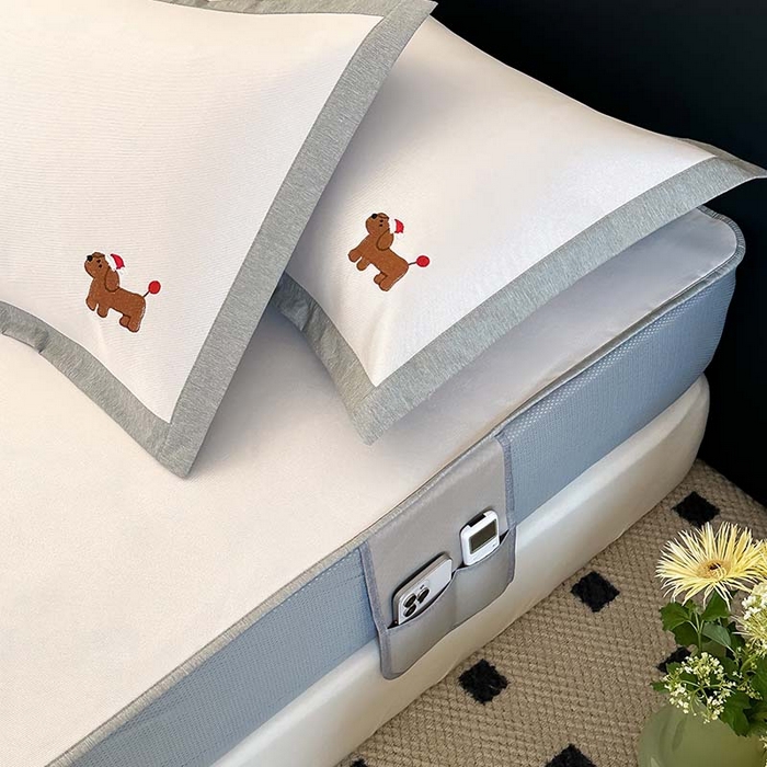 91家纺网 家纺一手货源 找家纺 昔可家纺 2024新款A类900D纯色绣花床笠款冰丝席 幸运狗狗