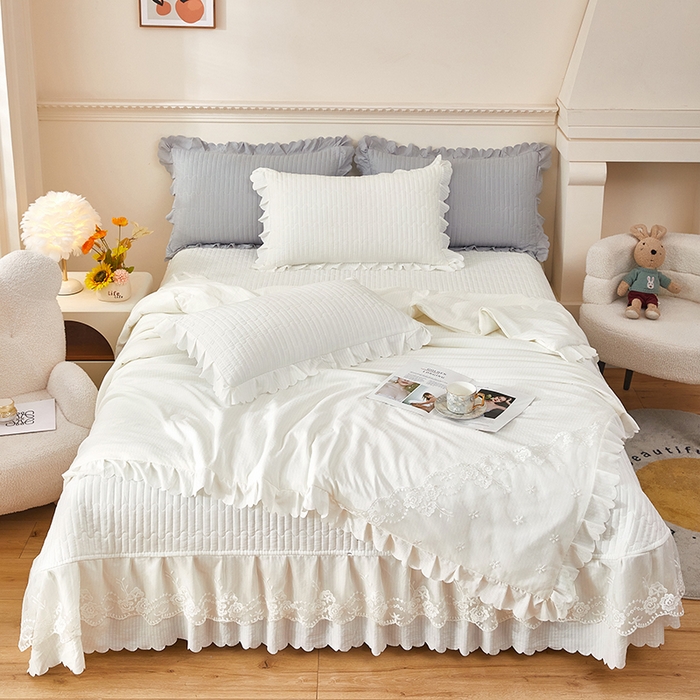 91家纺网 家纺一手货源 找家纺 绣女坊 2024新款泡泡棉床盖四件套 皓月白