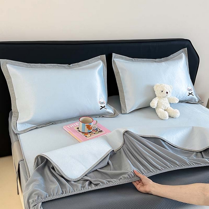 91家纺网 家纺一手货源 找家纺 昔可家纺 2024新款A类900D纯色绣花床笠款冰丝席 蝴蝶结泰迪