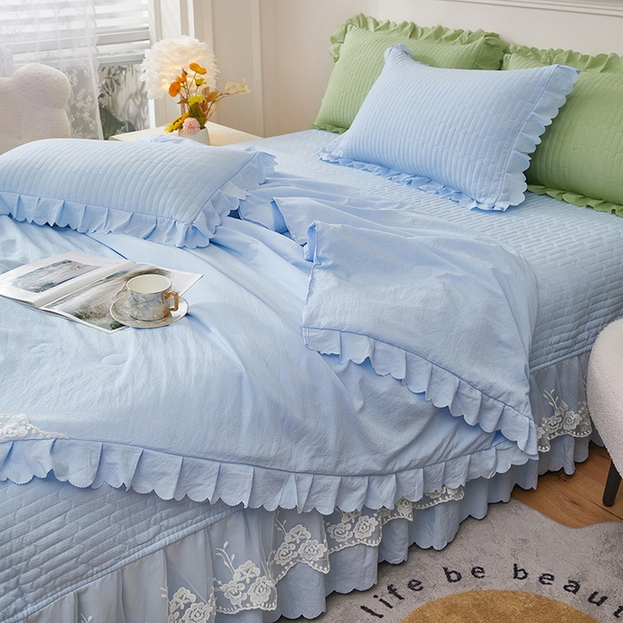 91家纺网 家纺一手货源 找家纺 绣女坊 2024新款泡泡棉床盖四件套 天青蓝