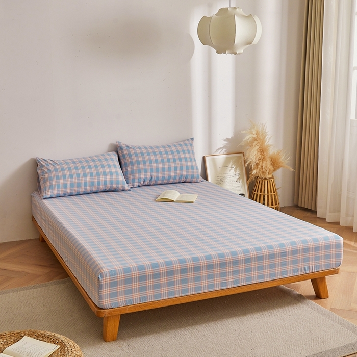 91家纺网 家纺一手货源 找家纺 雅萱家纺 2024新款A类色织全棉水洗棉单床笠 床笠-日和-粉蓝