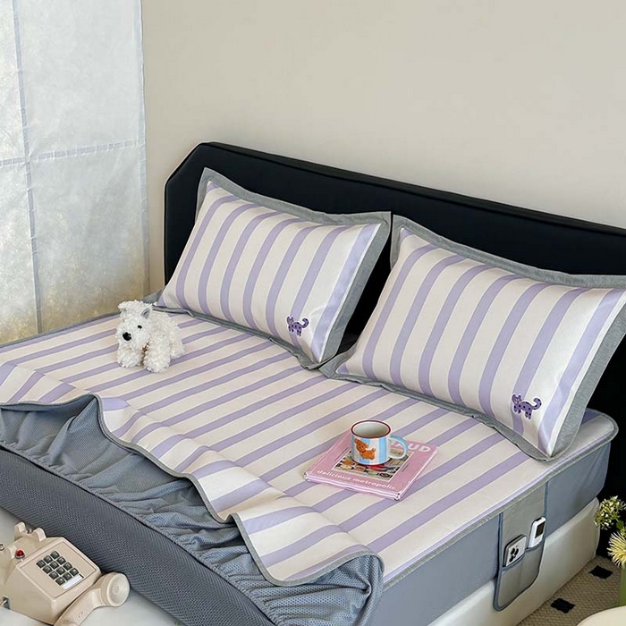 91家纺网 家纺一手货源 找家纺 昔可家纺 2024新款A类900D数码印花刺绣床笠款冰丝席 波点紫猫