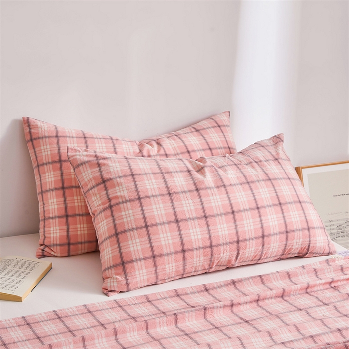 91家纺网 家纺一手货源 找家纺 雅萱家纺 2024新款A类色织全棉水洗棉单枕套 未央-浅粉