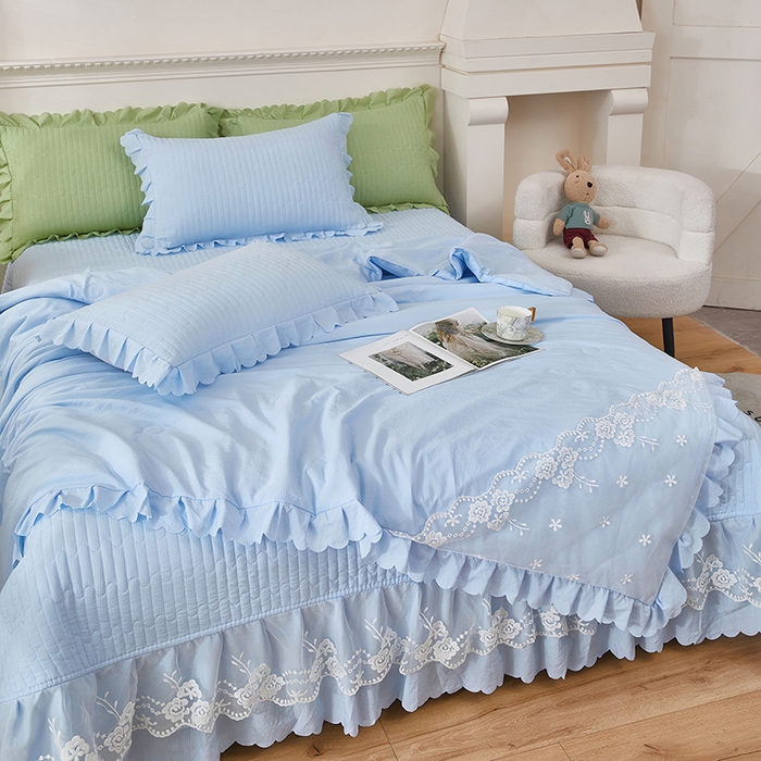 91家纺网 家纺一手货源 找家纺 绣女坊 2024新款泡泡棉床盖四件套 天青蓝