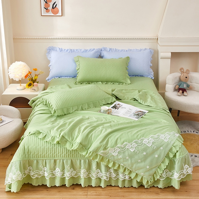 91家纺网 家纺一手货源 找家纺 绣女坊 2024新款泡泡棉床盖四件套 优雅绿