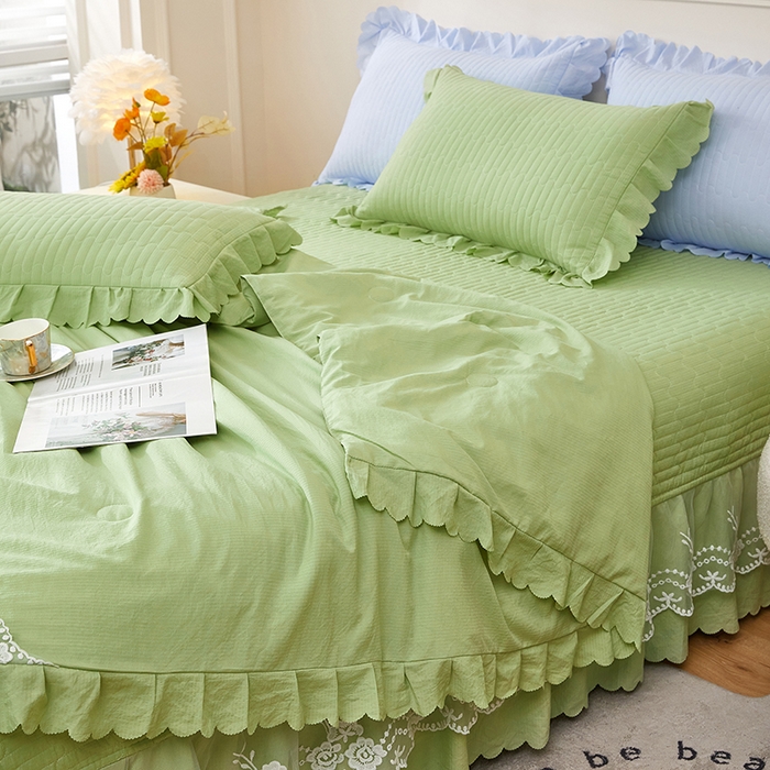 91家纺网 家纺一手货源 找家纺 绣女坊 2024新款泡泡棉床盖四件套 优雅绿