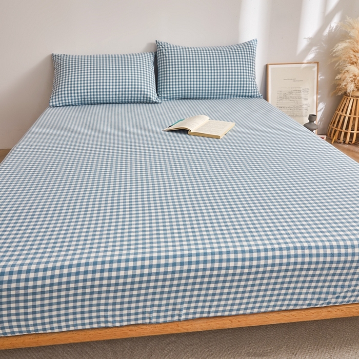 91家纺网 家纺一手货源 找家纺 雅萱家纺 2024新款A类色织全棉水洗棉单床笠 床笠-小格-蓝