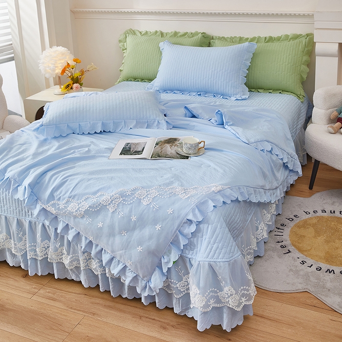 91家纺网 家纺一手货源 找家纺 绣女坊 2024新款泡泡棉床盖四件套 天青蓝