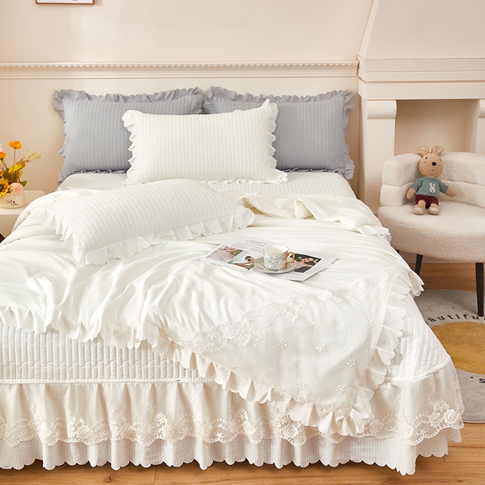 91家纺网 家纺一手货源 找家纺 绣女坊 2024新款泡泡棉床盖四件套 皓月白