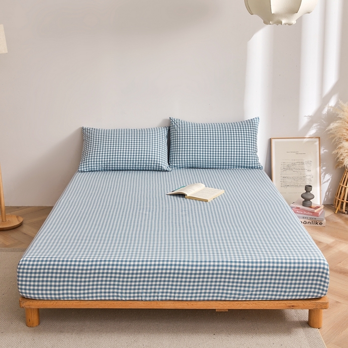 91家纺网 家纺一手货源 找家纺 雅萱家纺 2024新款A类色织全棉水洗棉单床笠 床笠-小格-蓝