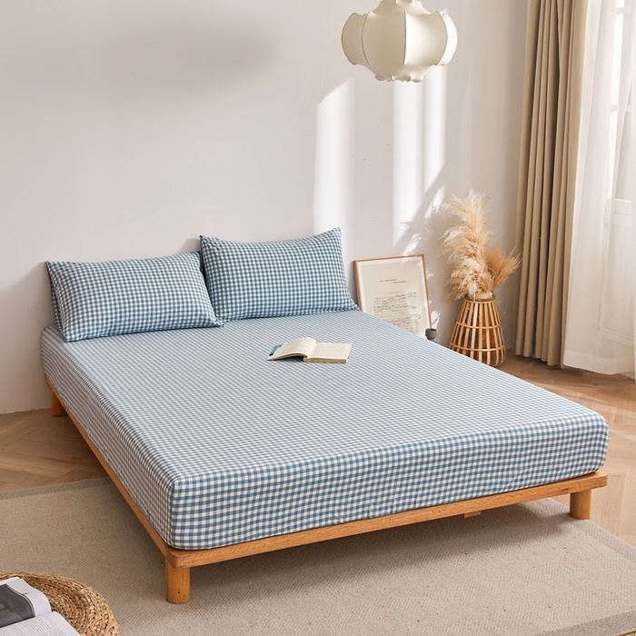 91家纺网 家纺一手货源 找家纺 雅萱家纺 2024新款A类色织全棉水洗棉单床笠 床笠-小格-蓝