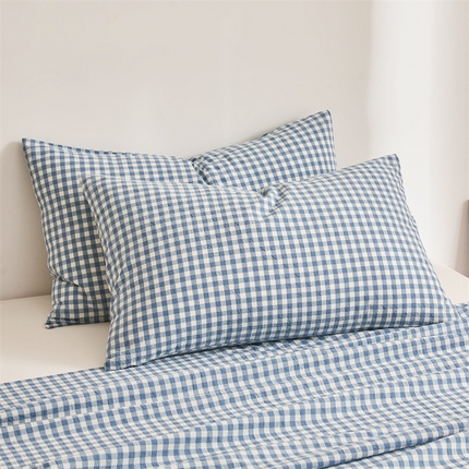 雅萱家纺 2024新款A类色织全棉水洗棉单枕套 小格-蓝