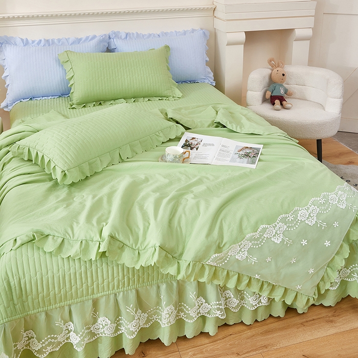 91家纺网 家纺一手货源 找家纺 绣女坊 2024新款泡泡棉床盖四件套 优雅绿