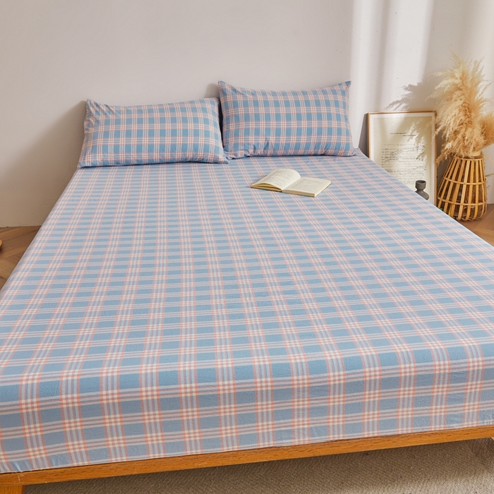 91家纺网 家纺一手货源 找家纺 雅萱家纺 2024新款A类色织全棉水洗棉单床笠 床笠-日和-粉蓝