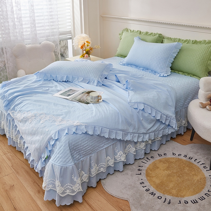 91家纺网 家纺一手货源 找家纺 绣女坊 2024新款泡泡棉床盖四件套 天青蓝