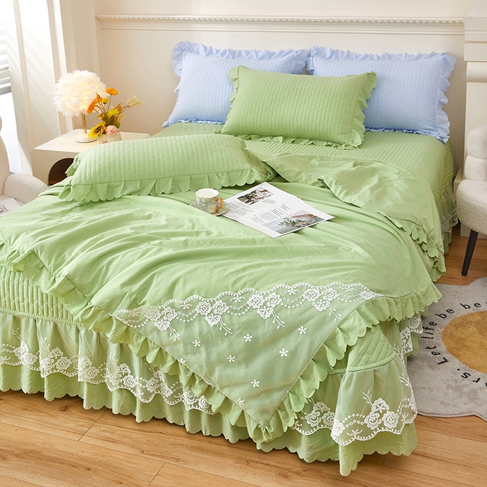 91家纺网 家纺一手货源 找家纺 绣女坊 2024新款泡泡棉床盖四件套 优雅绿